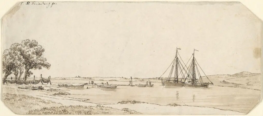 Zeichnung von Caspar David Friedrich mit dem Titel: »Seeufer auf Rügen mit zwei Fischerbooten«, geschaffen um 1802