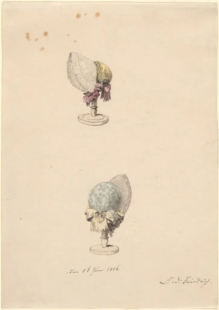 Zeichnung von Caspar David Friedrich mit dem Titel: »Zwei Frauenhauben auf  Ständern«, geschaffen 1806