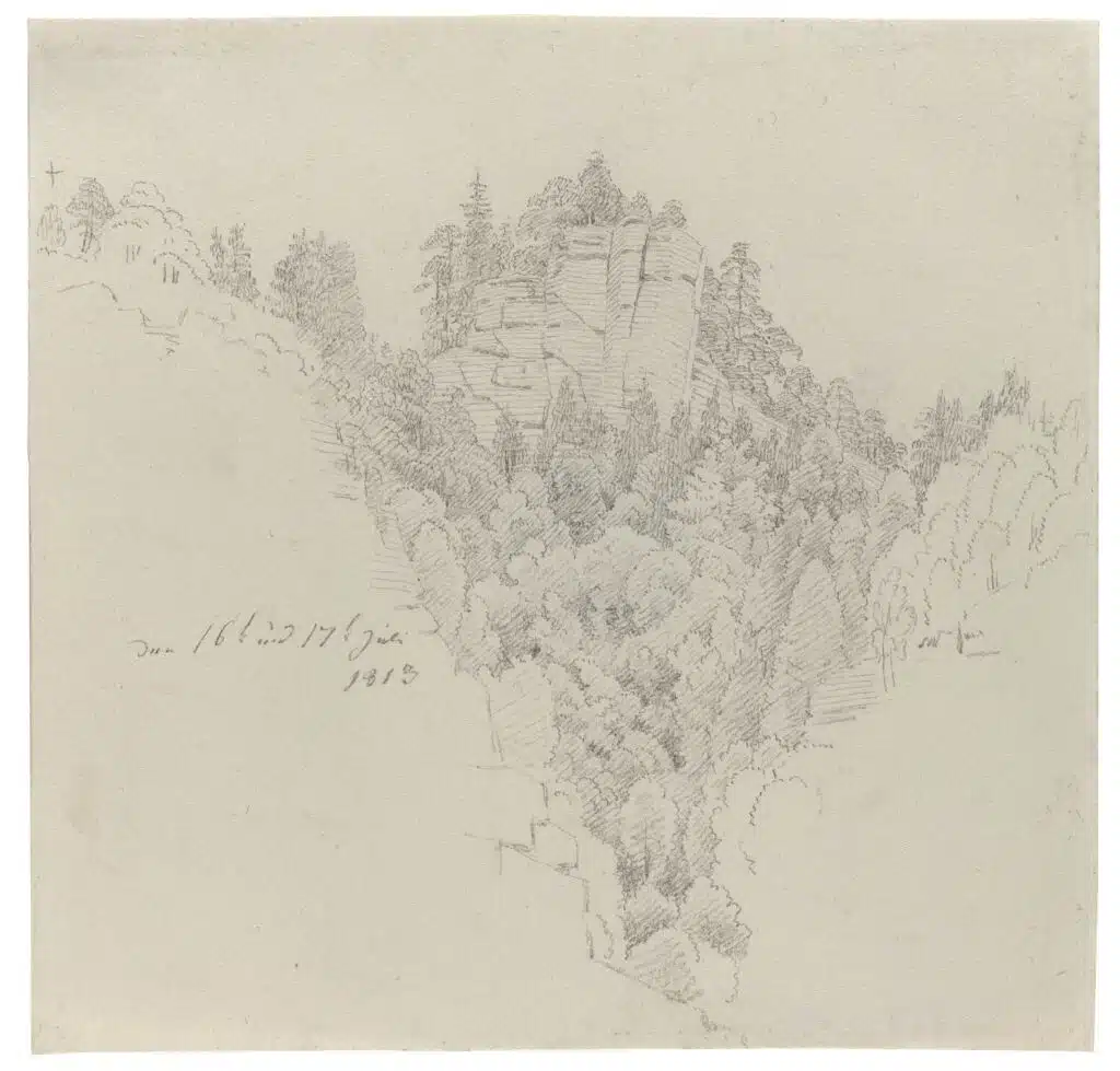 Zeichnung von Caspar David Friedrich mit dem Titel: »Felsenkluft (Teufelsturm). Krippen 1813«, geschaffen 1813